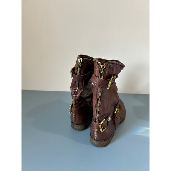 Steve Madden Engage leather moto style boots size 8.5 distressed brown buckles - Picture 3 of 8